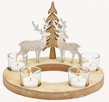 Adventskranz, Teelichthalter, Hirsch Dekor, aus Holz, Glas Silber (B/H/T) 25x18x25cm