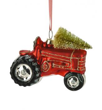 Hänger Traktor mit Weihnachtsbaum, rot