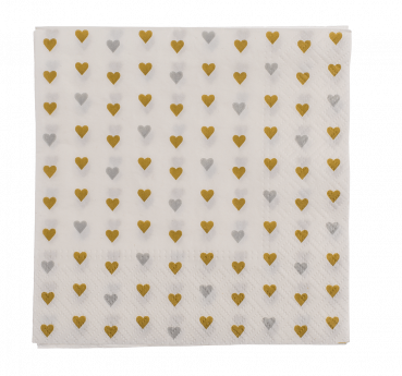 Papier-Servietten, Herzen, silber & gold,  ca. 33 x 33 cm, 3-lagig, 20 Stück