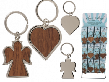 Metall-Schlüsselanhänger, Herz oder Engel,  mit Holz-Intarsie