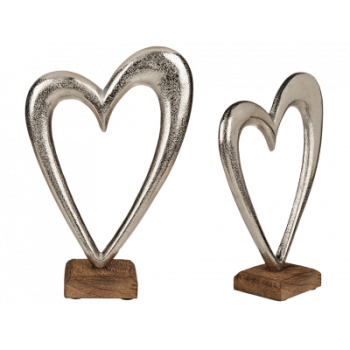 Silberfarbenes Metall-Herz auf Holz-Standfuß,  drei Größen ca. 28 cm, ca. 22 cm, ca. 17 cm