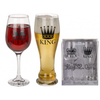 Trinkglas, King & Queen, für ca. 600 & 430 ml,  H: ca. 23 cm, 2er Set in Kunststoff-Box