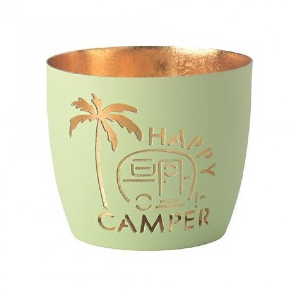 Madras, Windlicht, M, Motiv: Happy camper, pastellgrün/gold