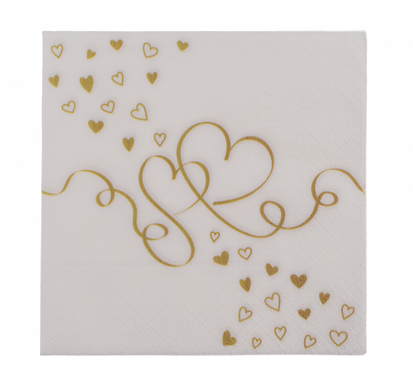 Papier Servietten, geschwungene goldene Herzen, ca. 33 x 33 cm, 3-lagig, 20 Stück