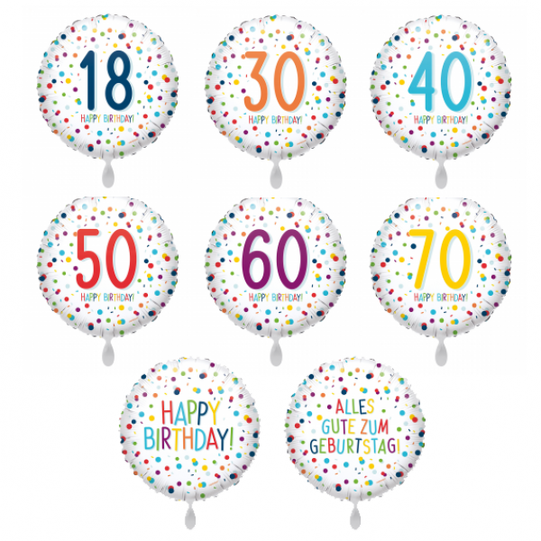 Zahlenballon Erwachsene 18, 30, 40, 50, 60, 70 Jahre "Konfetti Birthday" - Alles Gute zum Geburtstag
