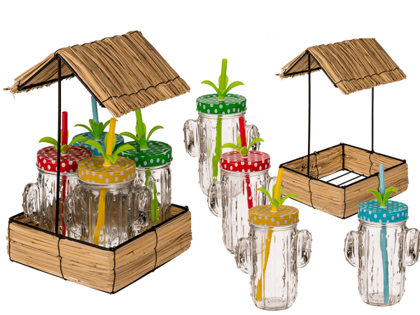 Trinkglas-Set mit 4 Gläsern Kaktus Tablett Becher Strohhalm Garten Sommer Party