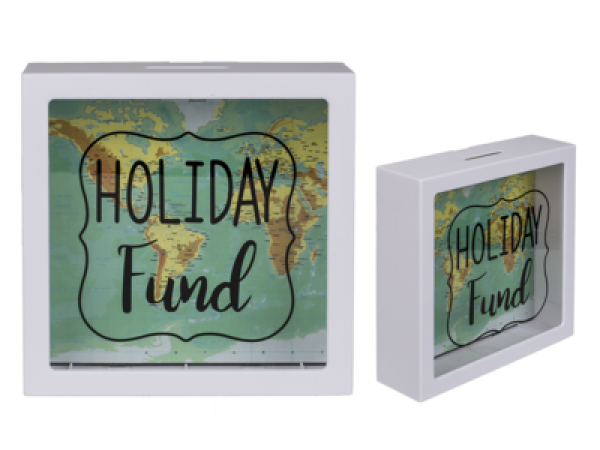 Weiße Spardose, Holiday Fund, Weltkarten-Design,  ca. 15 cm, aus Kunststoff